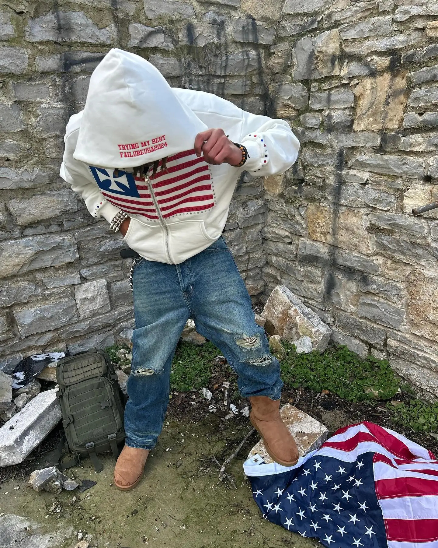 America National Flag Rhinestone Embroidery Zipper Hoodie Y2k Gothic Loose Cotton White Hoodies Sweatshirt Street Men Clothing 250707