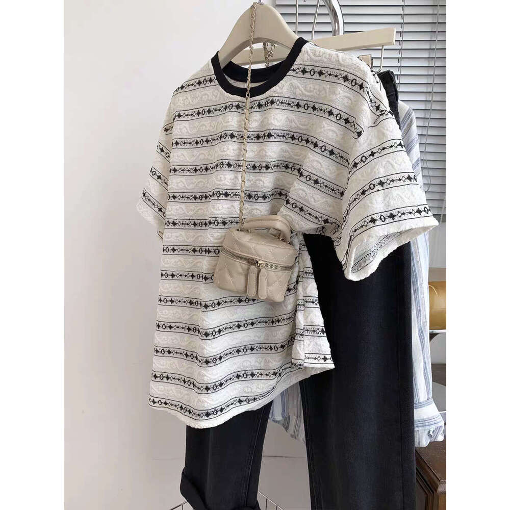 Striped Round Neck T-Shirt For Women Summer New Korean Style Loose Slimming Mid-Length Short Sleeve Plus Size Women's Clothing B5