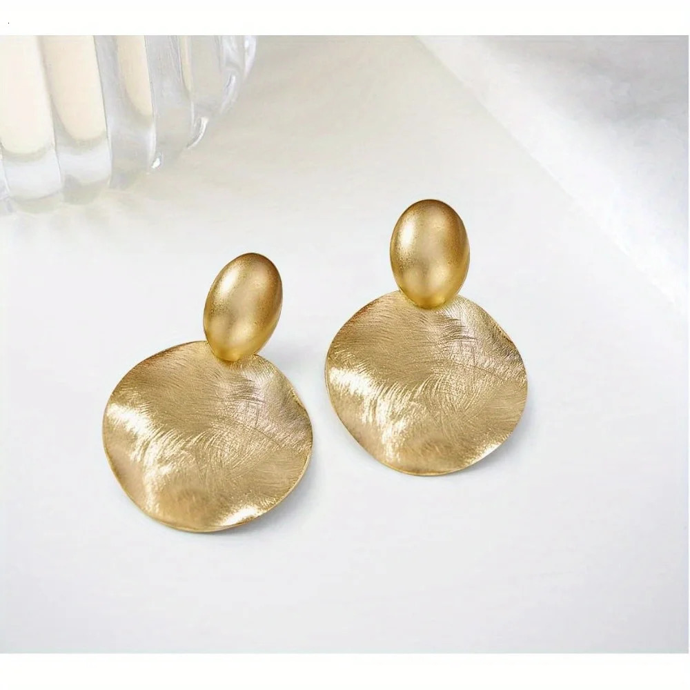 Big Disc Drop Earrings Golden Dangle Earrings Round Hammered Earring 250701