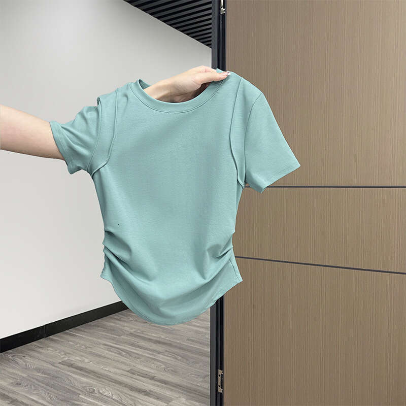 Lake Green Regular Shoulder Short Sleeve T-Shirt For Women Summer Style Ruched Slim Fit Versatile Irregular Top B5