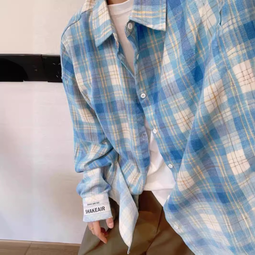 Blue Plaid Shirt For Men High-end Designer Short Sleeves Summer Youth Style Long Sleeve Shirt Summer Sun Protection Thin Jacket
