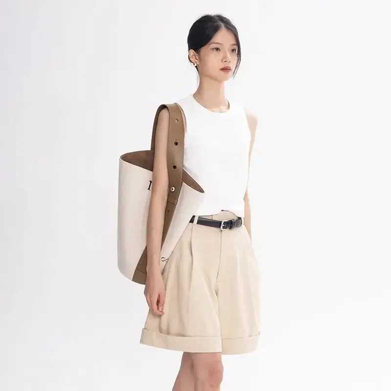 High-Capacity Tote Bag Casual SOFT Canvas Shoulder Bag PU Handle Handbag Simple Women Bag High Quality
