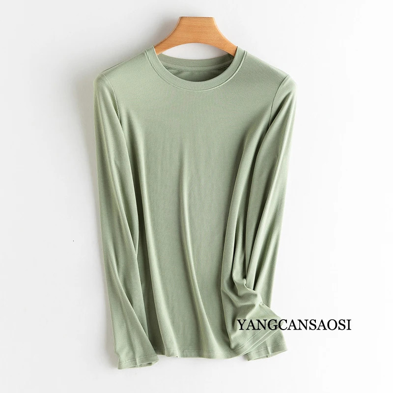 Silkworm Rib Long Sleeve T-Shirt Womens Loose Slim Solid Backing Shirt Round Neck Simple Versatile Thin Top Autumn Winter 250703