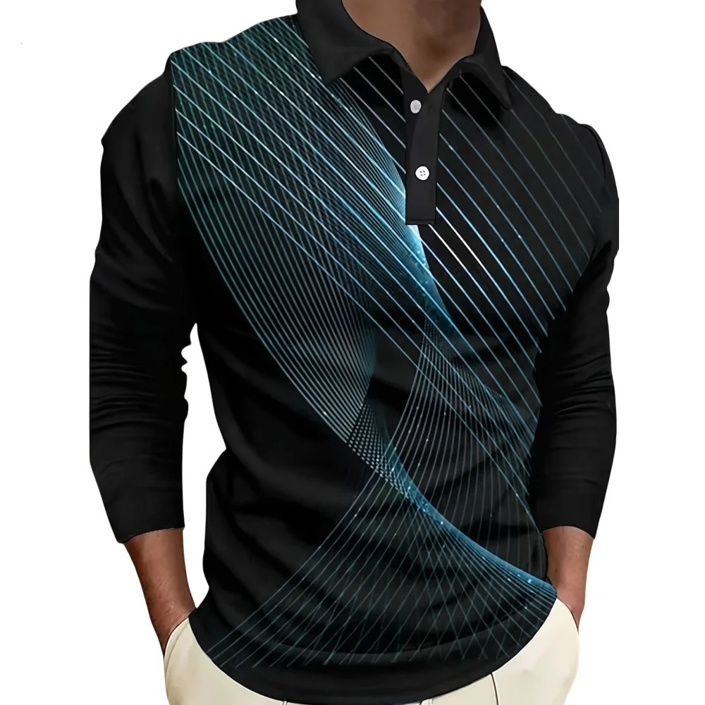 Mens Polo Shirt Cool Stripe Print Casual Sport Lapel Golf Wear Mens T-Shirt Tops Street Harajuku Button Long Sleeve T-Shirts 250703