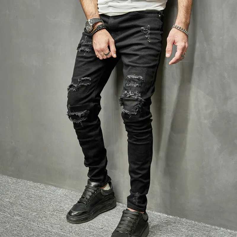 Men Holes Patch Skinny Stretch Pencil Jeans Pants High Street Stylish HipHop Mens Ripped Slim Denim Trousers XJ250707