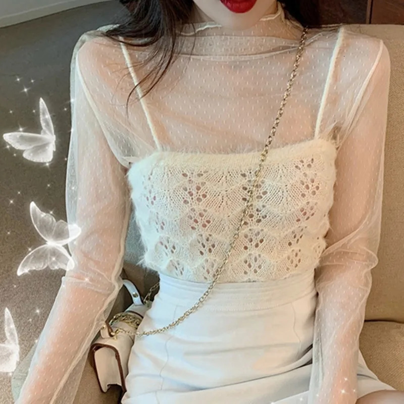 Sexy Lace Mesh Tees T-Shirt Tops fpr Women Pullover See Through Thin Bottom Shirt Blouses Long Sleeve Female Dots High Neck 250703