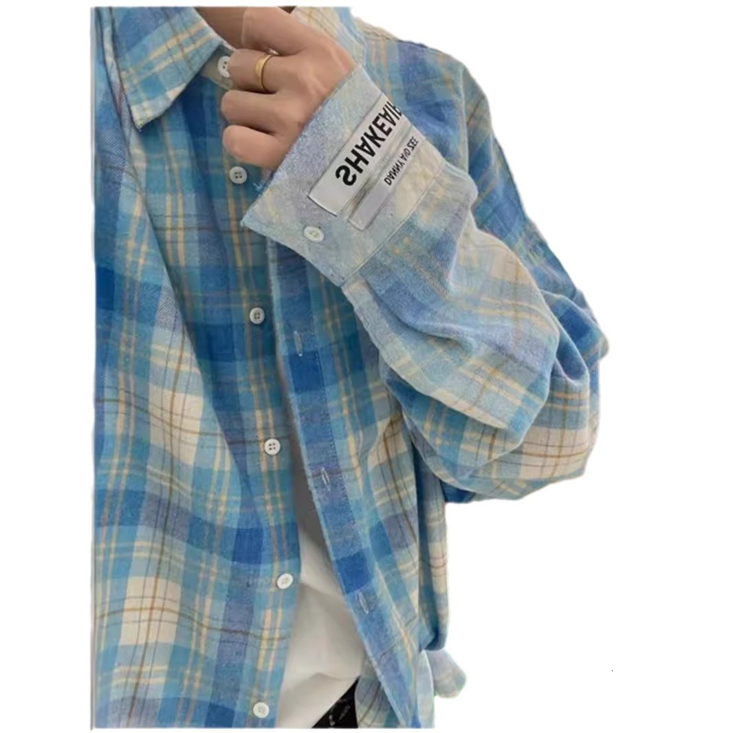 Blue Plaid Shirt For Men High-end Designer Short Sleeves Summer Youth Style Long Sleeve Shirt Summer Sun Protection Thin Jacket