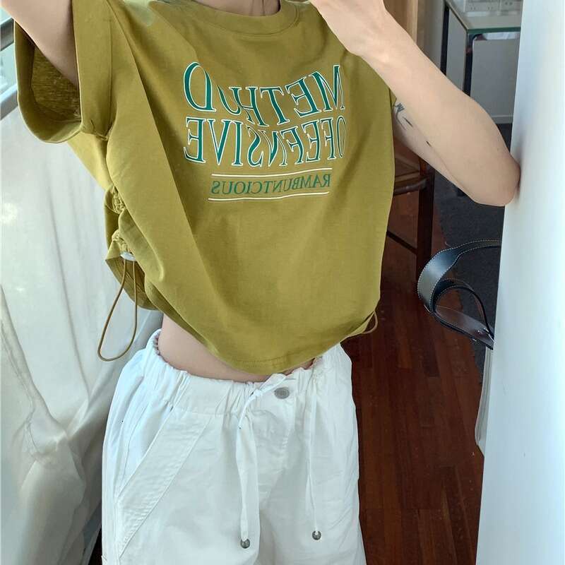 European Style Printed Letter Round Neck Short Sleeve T-Shirt For Women Summer Versatile Drawstring Jazz Hot Girl Top Trendy B5