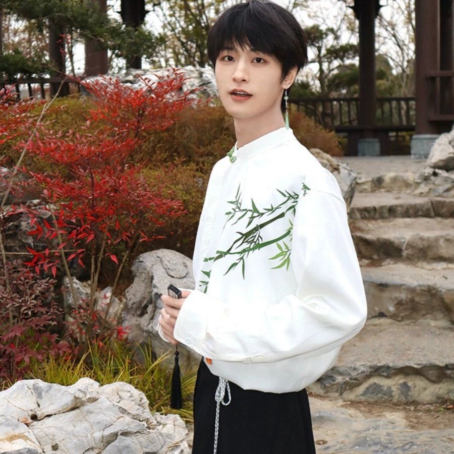 New Chinese Style Men's Clothing Light Designer Short Sleeves National Style Long Sleeve Shirt Modified Tang Suit Double Breasted Shirt High-end 