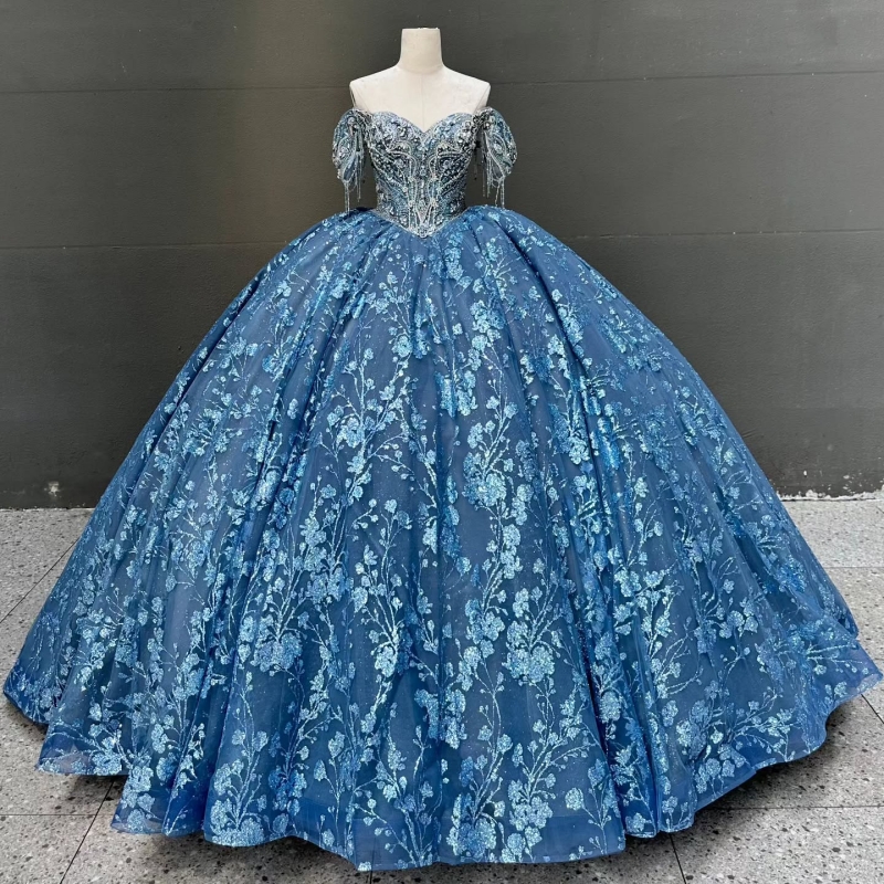 Blue Shiny Quinceanera Dresses Ball Gown Off The Shoulder Sequin Applique Lace Beading Tull Corset Party Birthday Sweet 16 Dress Vestidos 15 Anos