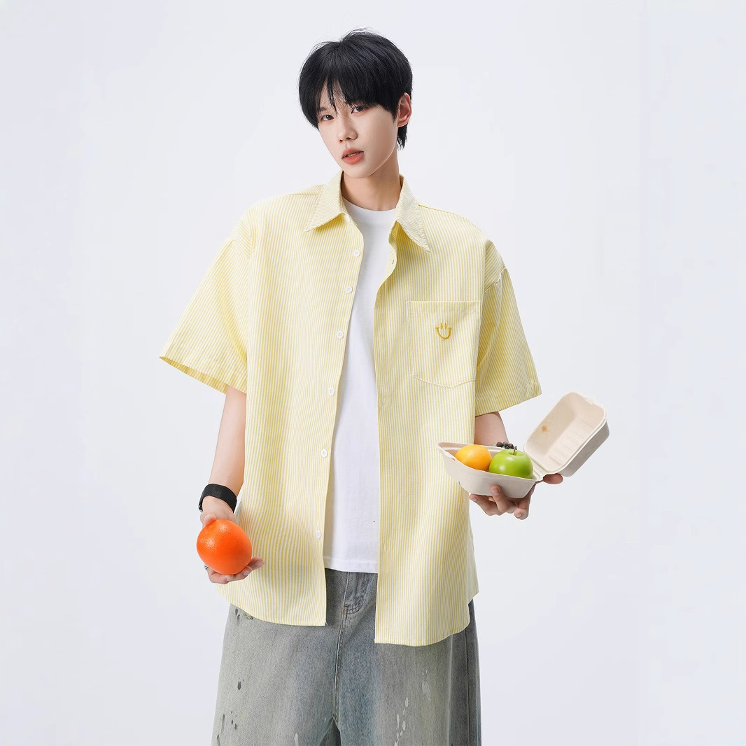 Smiley Face Embroidered Striped Short Sleeve Shirt Unisex 2025 Designer Short Sleeves Summer New Trendy Loose Casual Couple Shirt Jacket