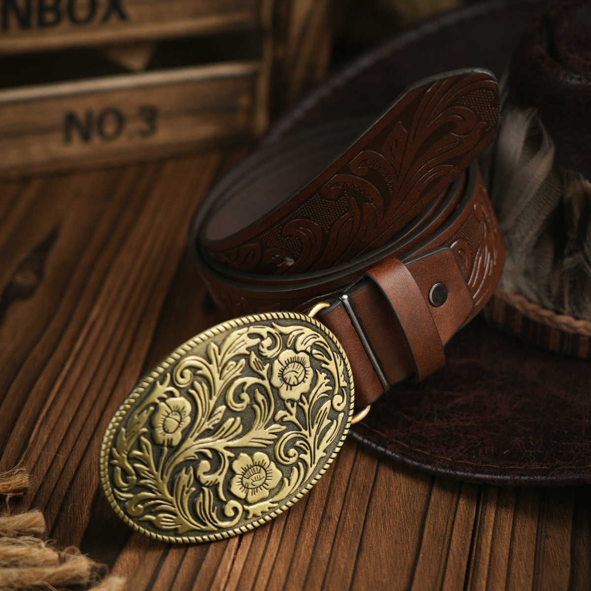 Men Women-Western-Cowboy-PU Leather-Belts - Vintage Belt Floral Engraved Buckle Belt for Jeans W250120