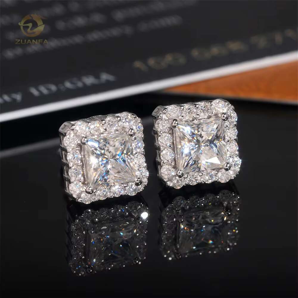 High Quality Iced Out Jewelry Princess Cut Halo 925 Sterling Silver Hip Hop Moissanite Earrings
