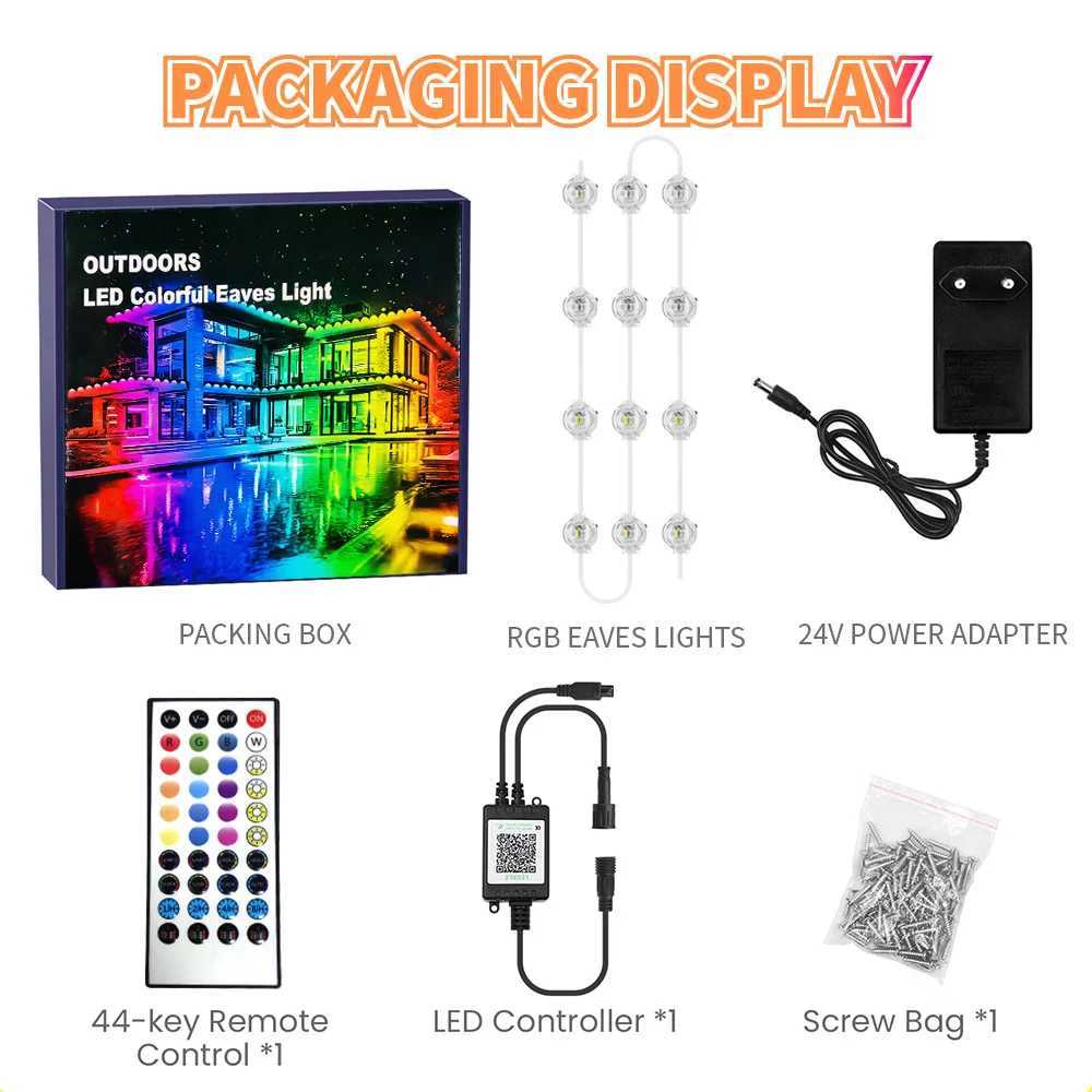 15M-90M RGB Eaves LED Lights Permanent Outdoor Light String APP Bluetooth Strip Scene Modes Full House Christmas Wedding Light W250701