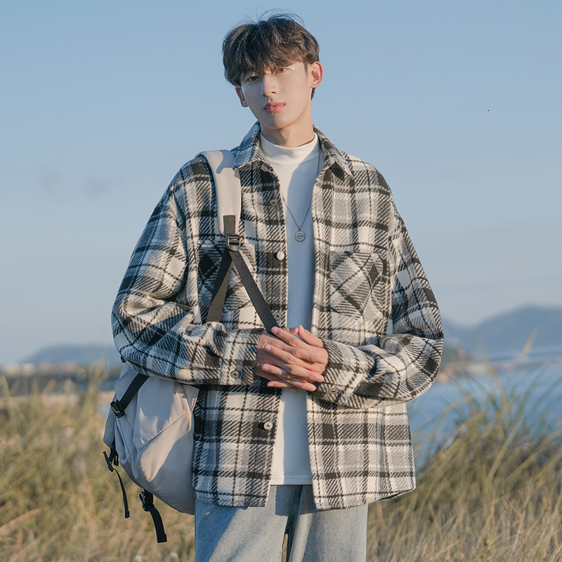 Woolen Plaid Lapel Jacket Men Hong Kong Style City Boy Shirt Jacket Spring Autumn Loose Designer Short Sleeves Versatile Youthful Shirt