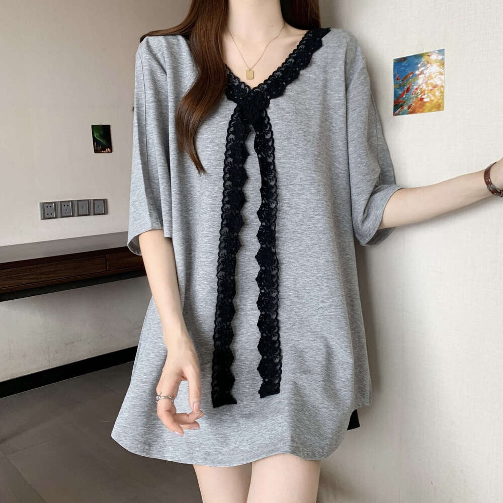 Plus Size French Lace Trim V-Neck Sweatshirt Short Women Summer New Loose Casual Half Sleeve Mid-Length Top B5