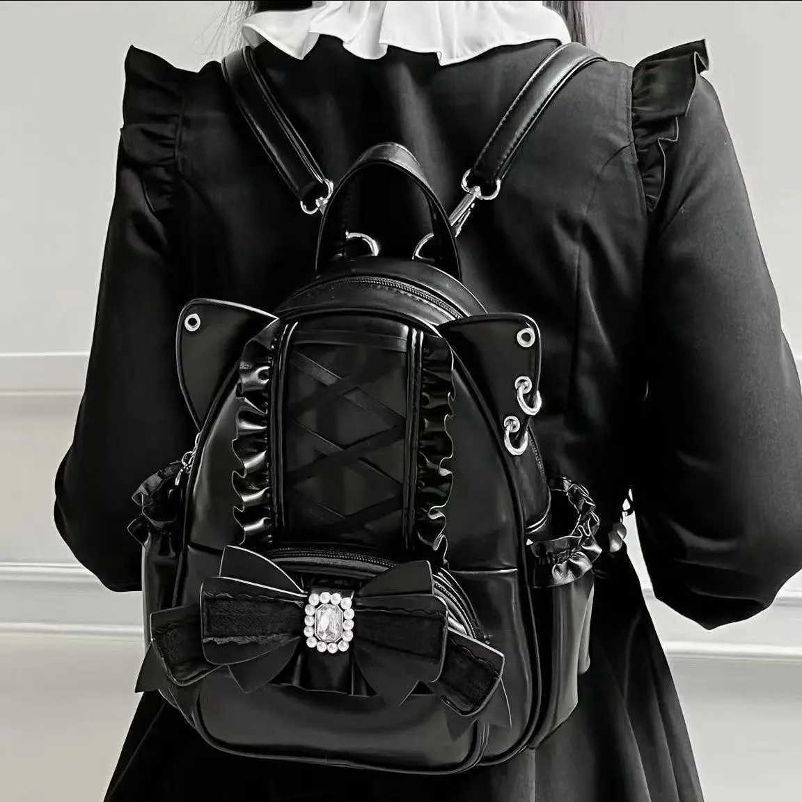 Korean Fi Y2k Punk Backpack Lace Bow Ear Lotus Lace Decorati Lolita Backbag PU Leather Large Capacity Wen Backpack Y250707