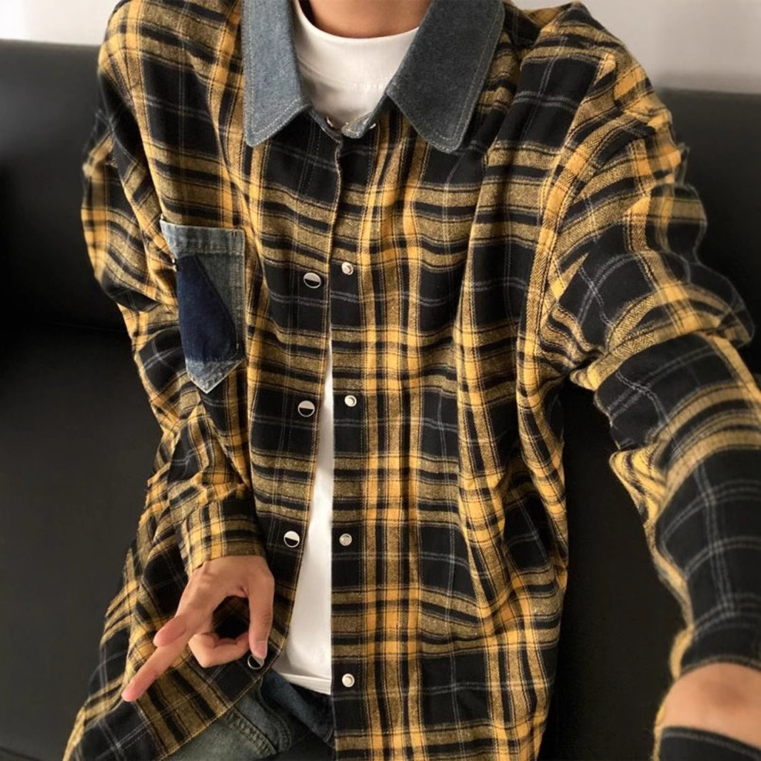 American Retro Long Sleeve Plaid Shirt For Men Spring Designer Short Sleeves And Autumn Trendy Brand Couple Patchwork Denim Collar Yellow Checkered Ja