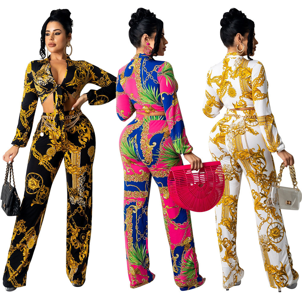 Echoine Women Autumn Print Condole Belt Crop Top Pencil pants 2 Pieces Set Nghtclub Party Sexy Slim Temperament Elegant Outfits 240809