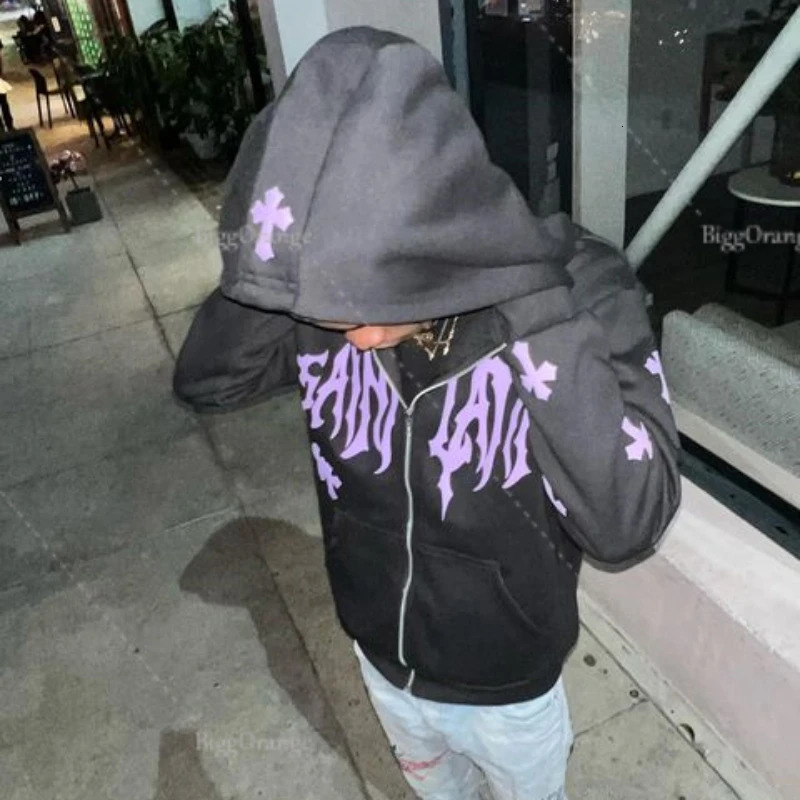 Retro Gothic Print Zipper Hoodie Cardigan Men Street Hip Hop Fashion Trend Sweatshirt Couple Thickened Loose Hoodie Top 250707