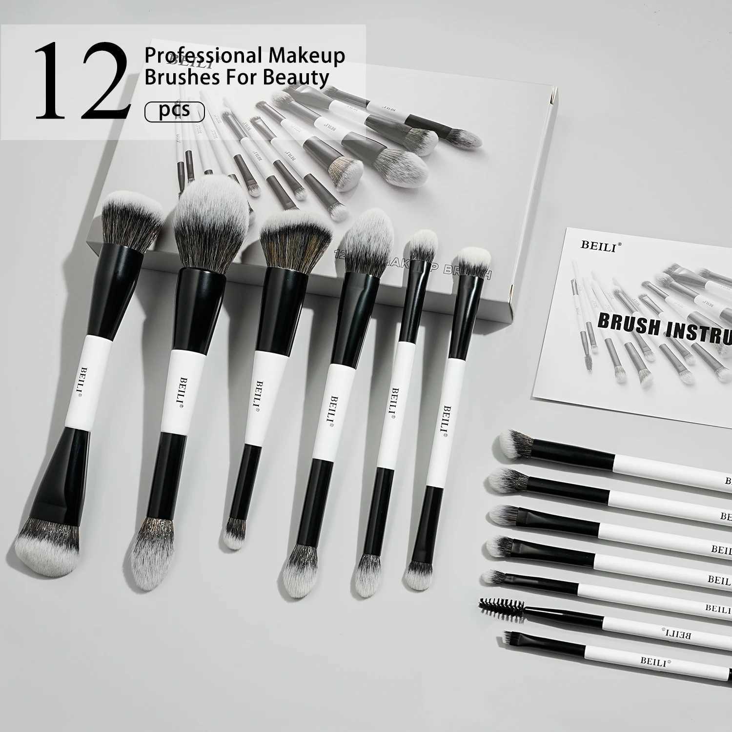 BEILI Professional Makeup Brushes Set 12 PCS Vegan Double-ended Foundation Contour Bronzer Eyeshadow Brush Travel Cosmetic Tool W250707