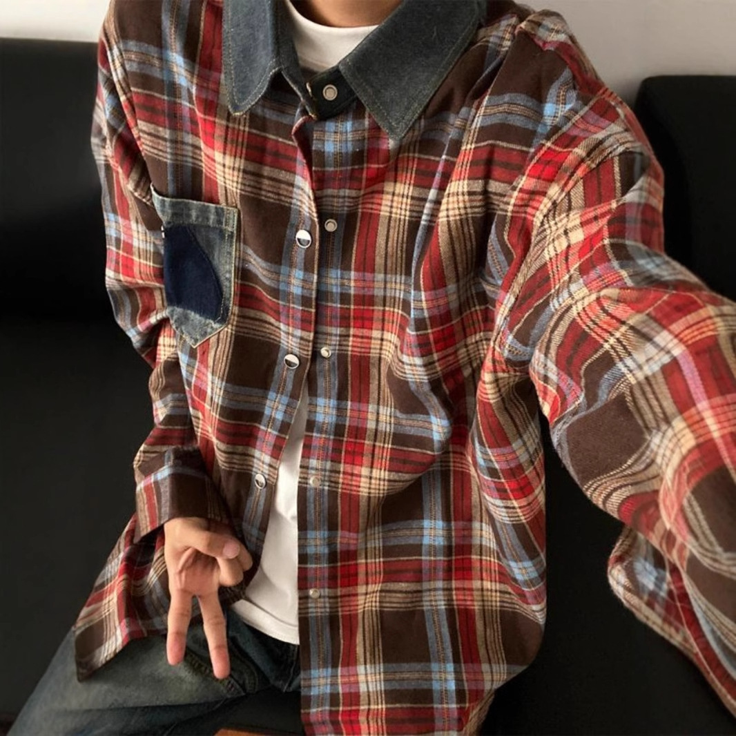 American Retro Long Sleeve Plaid Shirt For Men Spring Designer Short Sleeves And Autumn Trendy Brand Couple Patchwork Denim Collar Yellow Checkered Ja