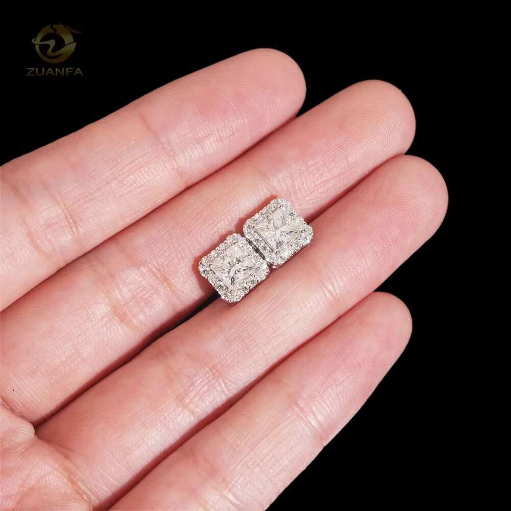 High Quality Iced Out Jewelry Princess Cut Halo 925 Sterling Silver Hip Hop Moissanite Earrings