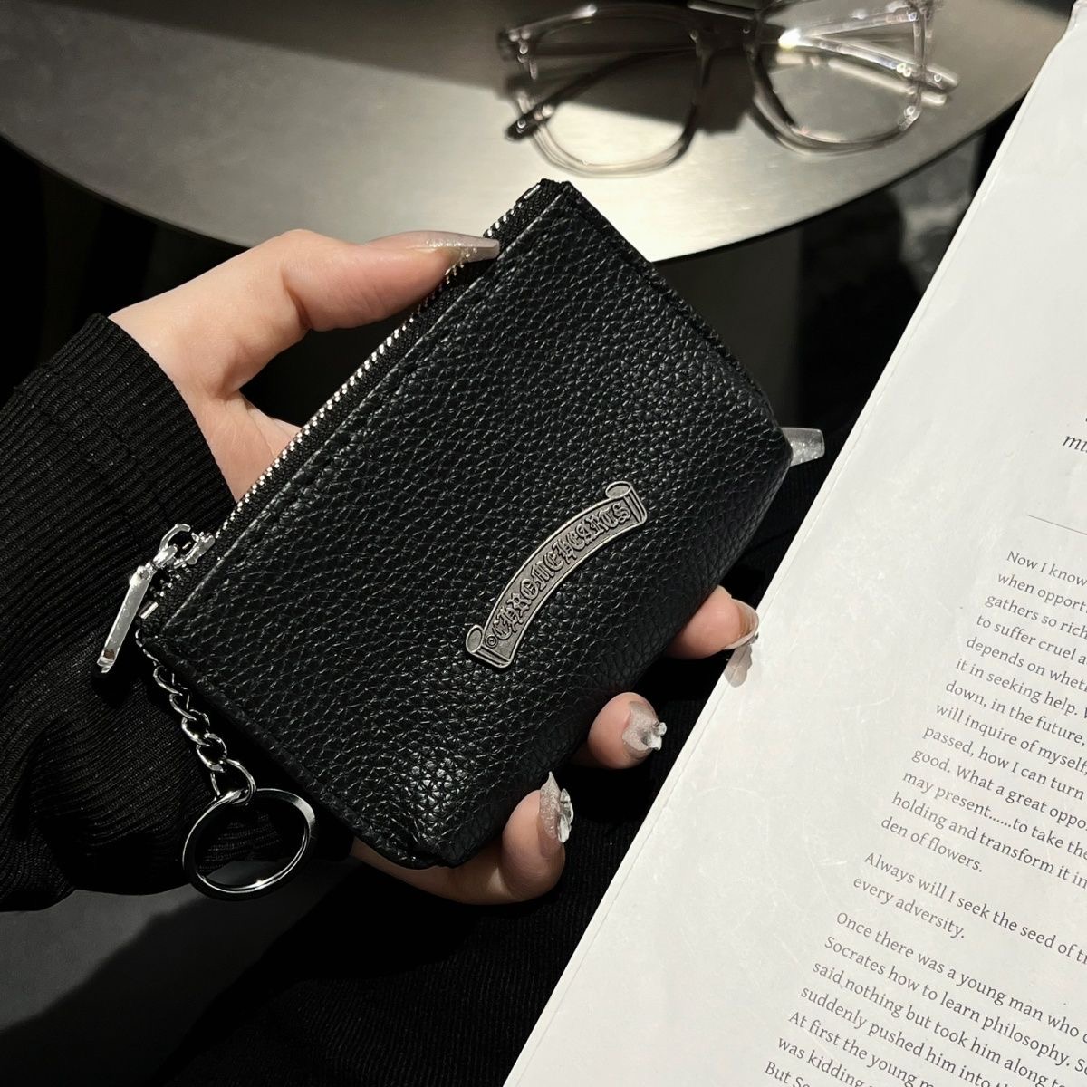 Designer chrome cross-shaped genuine leather small card holder, personalized and trendy men's wallet, women's zipper small wallet