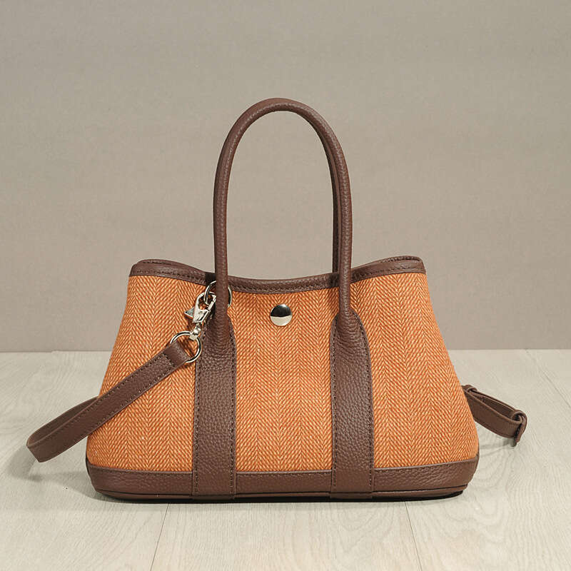 Leather Bag Bucket Bag New Style Linen Cotton Fabric With Top Layer Cowhide Garden Genuine Leather Handbag Fashion Large Capacity Tote Bag For Women T