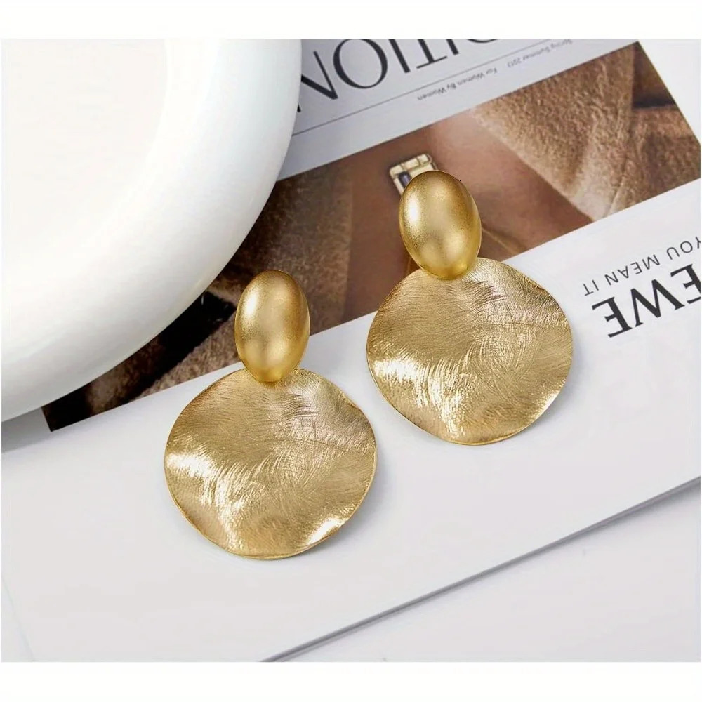 Big Disc Drop Earrings Golden Dangle Earrings Round Hammered Earring 250701