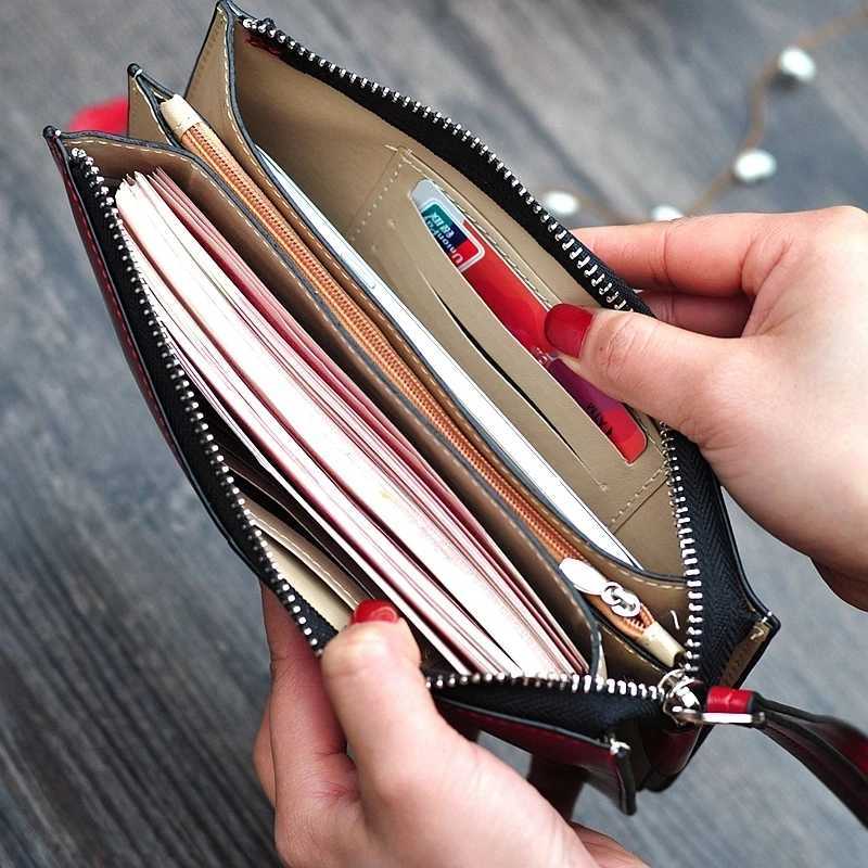 100% Genuine Leather PU Leather Clutch Wallet Women Large Capacity Phe Purse Ladies Wristband Simple Card Holder Pouch Bag Y250707