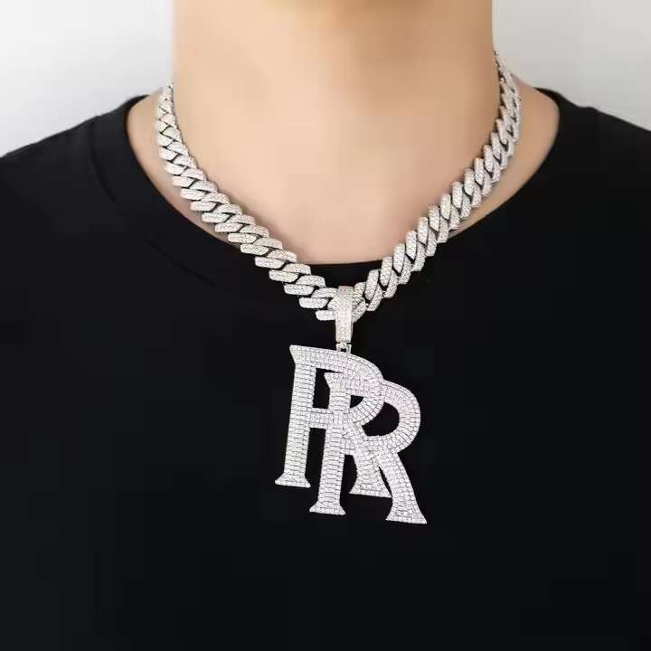 Plated Fashion Gold Pendant Necklace Hip Hop Style RR Shape Brass with Iced Out Moissanite on Rope Chain for Anniversary OACOCA