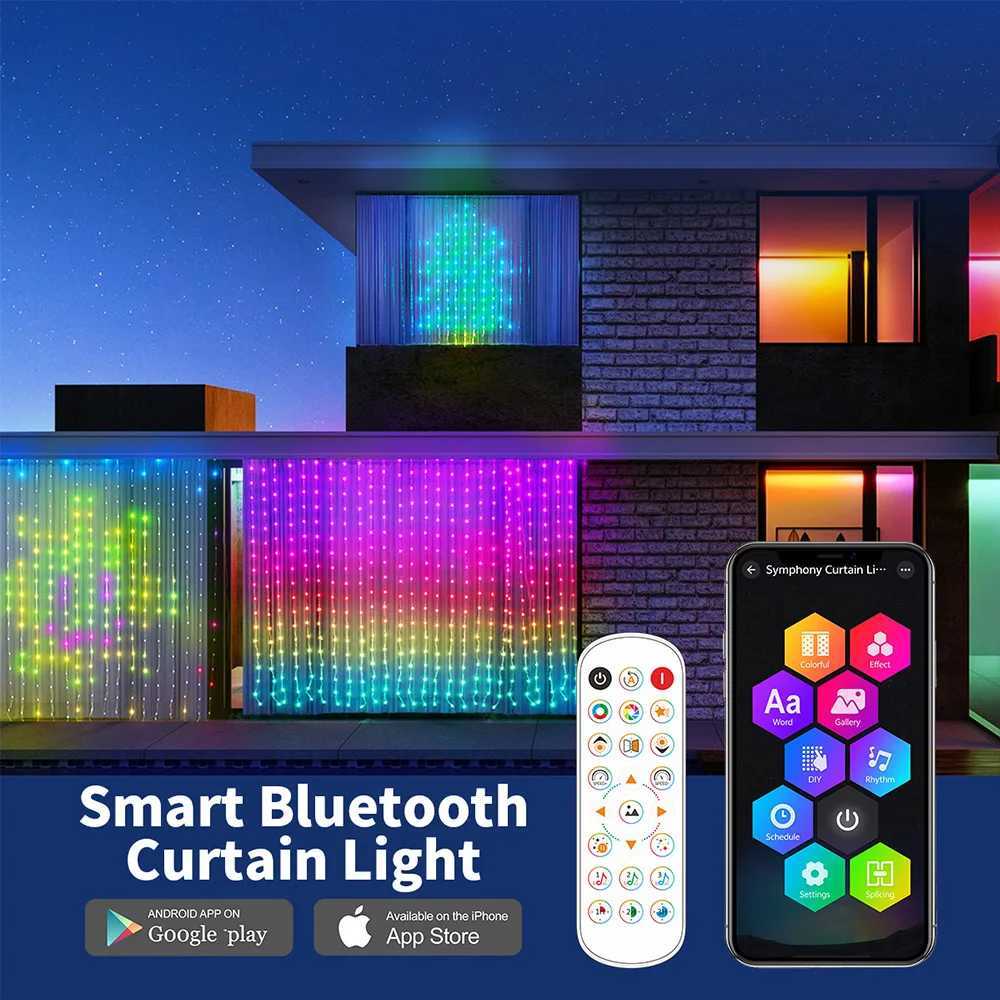 Smart Curtain Lights Bluetooth App Control RGBIC LED String Waterproof Fairy Light USB DIY Text Pattern Display Party Room Decor W250701