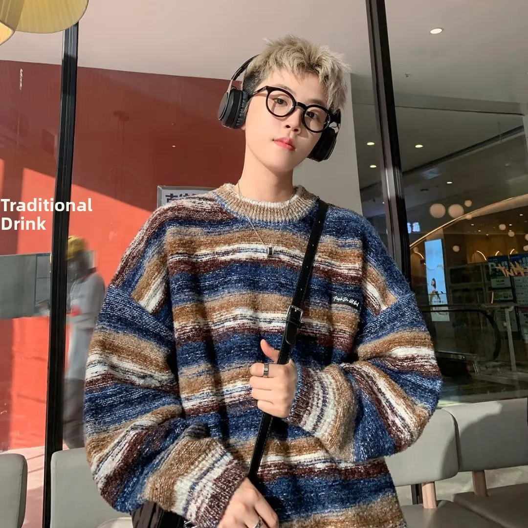 American Sle Rainbow Stripes Mens Knitted Sweater Round Neck Base Layer Top Casual Loose Fit Long Sleeve Autumn Winter 250703