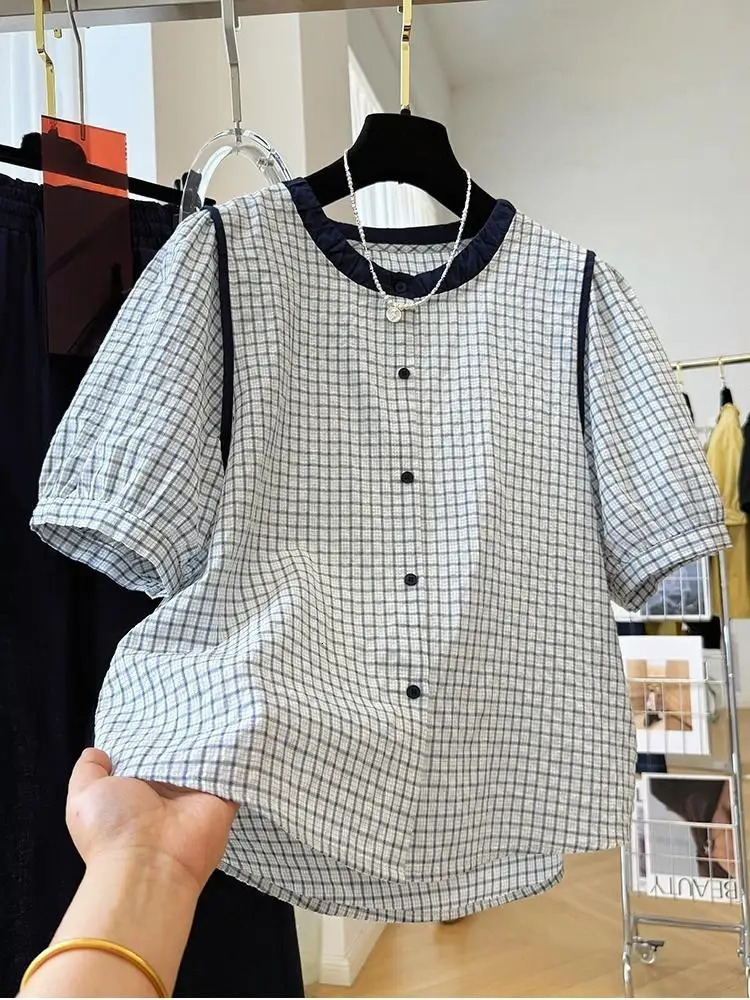 Womens Y2K Short Sleeve Plaid Button Down Shirt Blouses Tops Casual Summer 90s Streetwear w250704