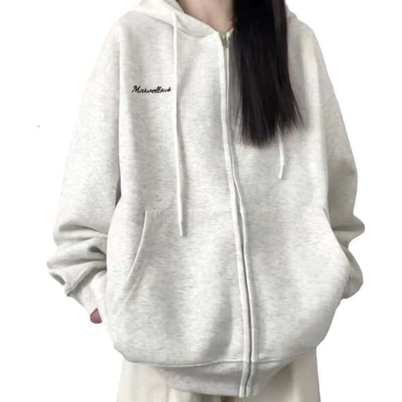 Gray American Style Sweatshirt Women Spring New Loose Casual Cardigan Hooded Jacket For Petite Trendy Brand B5