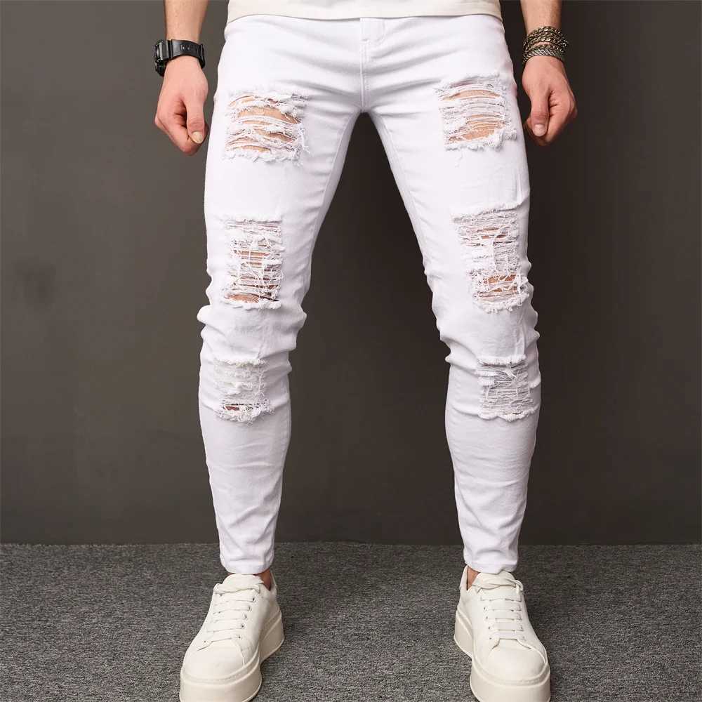 Streetwear Holes Skinny Jeans Stylish Men Stretch Slim Trousers Distressed Ripped Solid Male Casual Pencil Denim Pants XJ250707