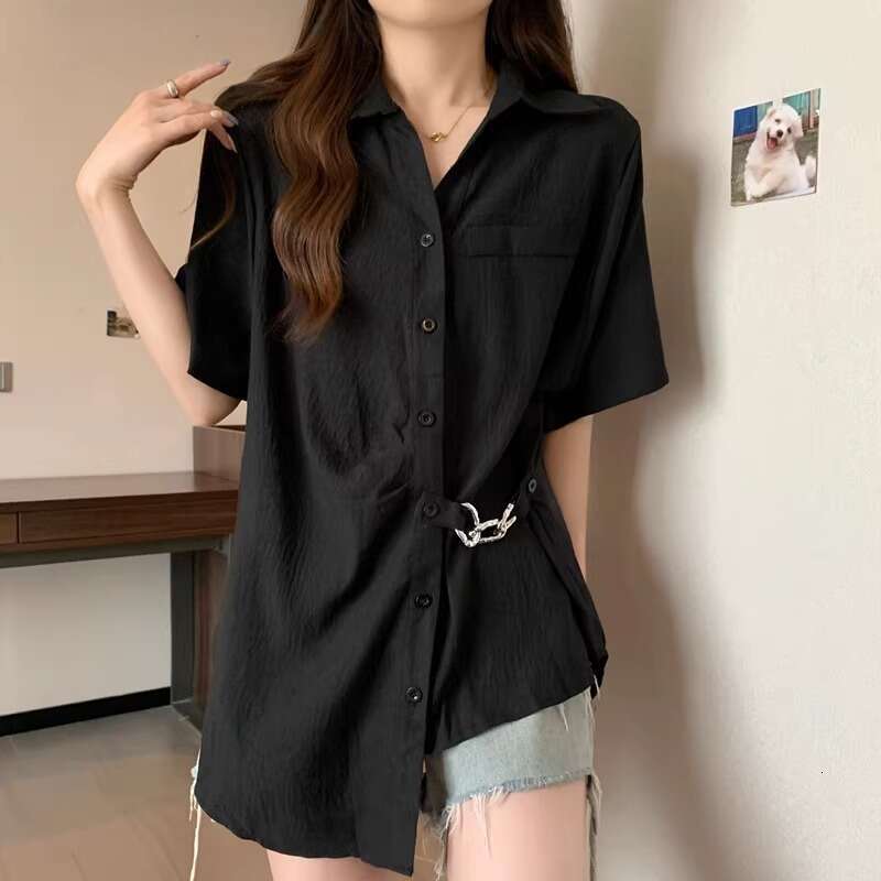 Plus Size Tummy Covering Unique Irregular Pleated Short Sleeve Shirt For Women Summer Slimming Design Chain Blouse Top B5