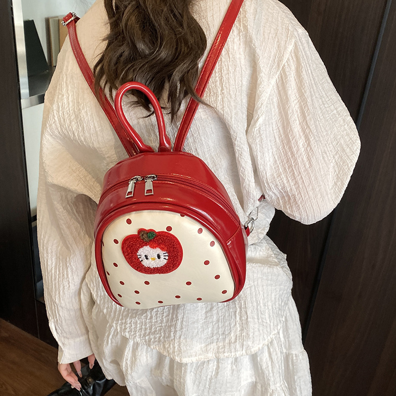 Free shipping designer Cute Apple Polka Dot Cat Backpack for Women 2025 New Trendy Fashionable College Style Backpack Handbag School Bag