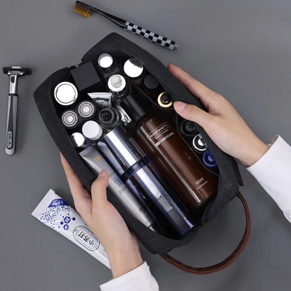 Large Capacity Leather Canvas Men Wash Shaving Women Toiletry Storage Waterproof Makeup Travel Organizer Retro Cosmetic Bag 2025 250701