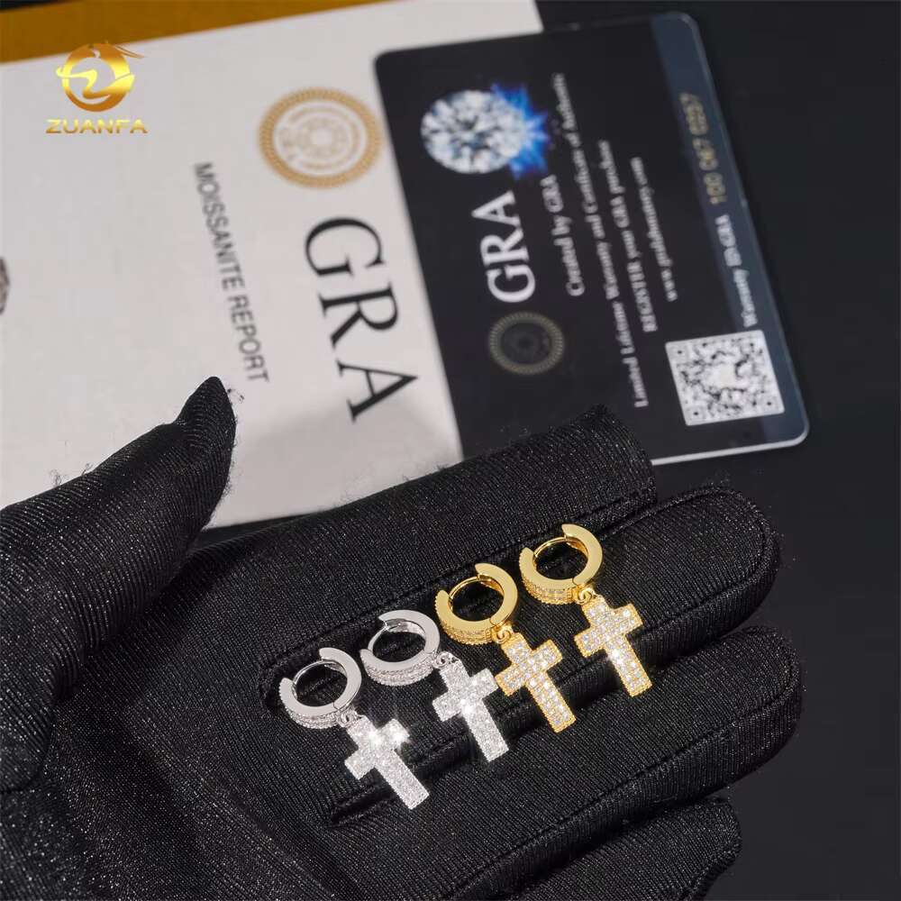 New Fashion Hip Hop Jewelry 925 Silver Iced Out Hoop Cross Drop Moissanite Diamond Earrings for Men