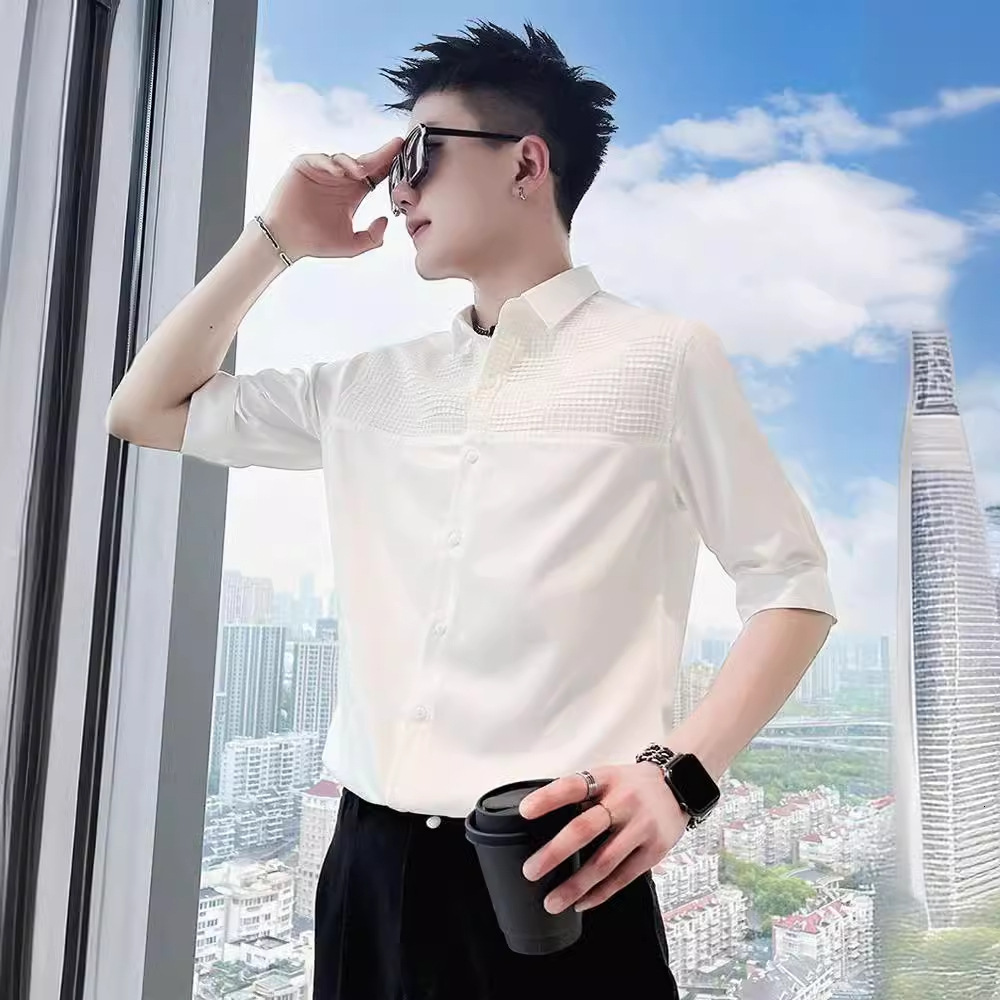 High-end Ice Silk Shirt Men Short Sleeve Trendy Brand Cool Seven-quarter Sleeve Designer Short Sleeves Shirt Men's 2025 New Summer Half Sleeve