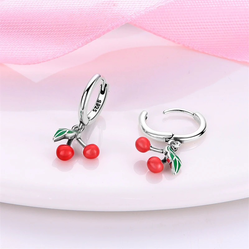 Original 925 Sterling Silver Red Fruit Cherry Earrings Jewelry Ladies Earrings Accessories Friend Party Gift 250701