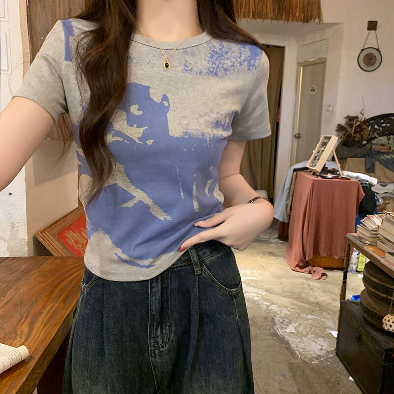 Summer New Tie-Dye Gray Sweet Regular Shoulder Round Neck Sleeve T-Shirt For Women Slim Fit Short Top Trendy B5