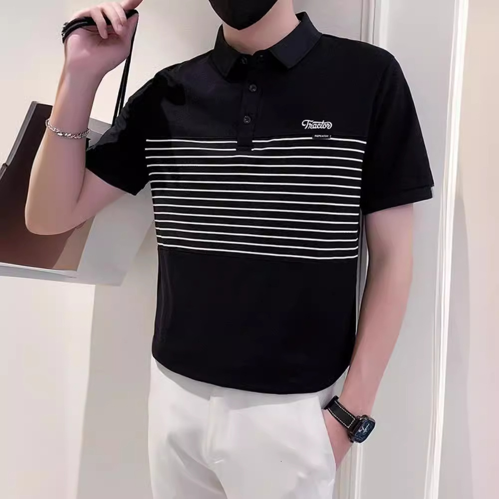 Short Sleeve Men's Polo Shirt Trendy Brand Summer New Striped Patchwork Turn-down Collar T-shirt Stylish Versatile Half Sleeve Designer Short Sle