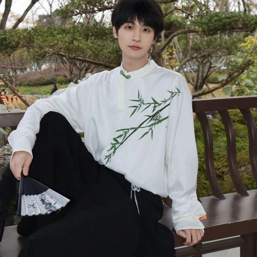 New Chinese Style Men's Clothing Light Designer Short Sleeves National Style Long Sleeve Shirt Modified Tang Suit Double Breasted Shirt High-end 