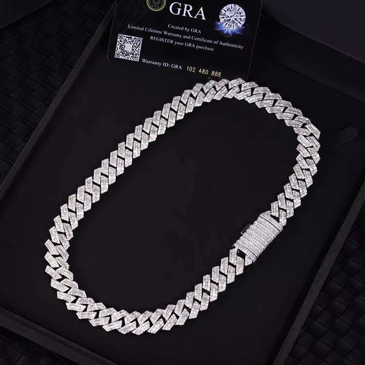 Newest Hot Sale Moissanite Chain 14mm Baguette Shaped Diamond Hip Hop Sterling Silver Custom Moissanite Cuban Chain