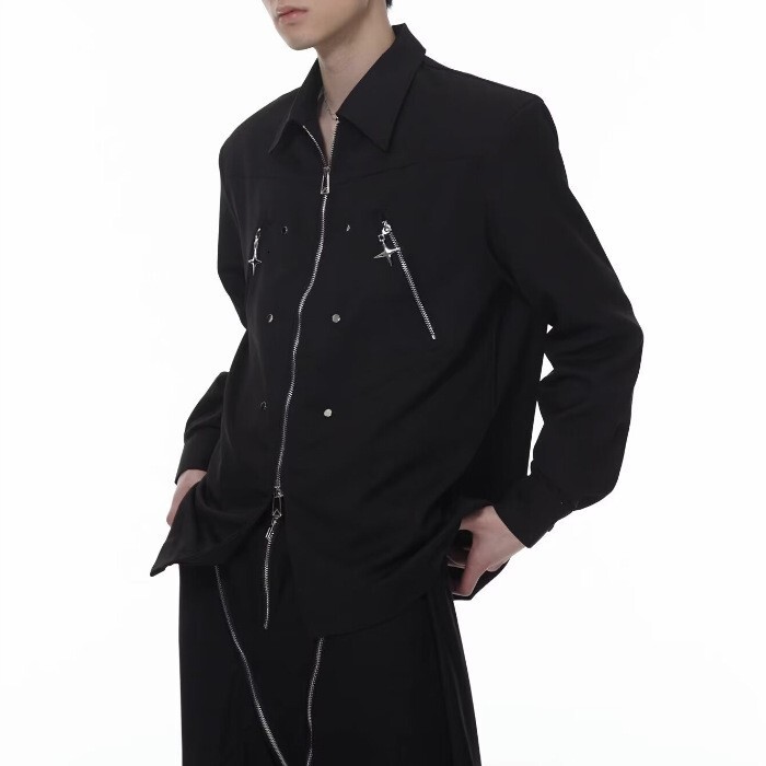 Fashion Niche 2025 Spring Designer Short Sleeves Autumn Turn-down Collar Shirt Men Loose Casual High Street Cool Double Zipper Deconstructed Long Slee