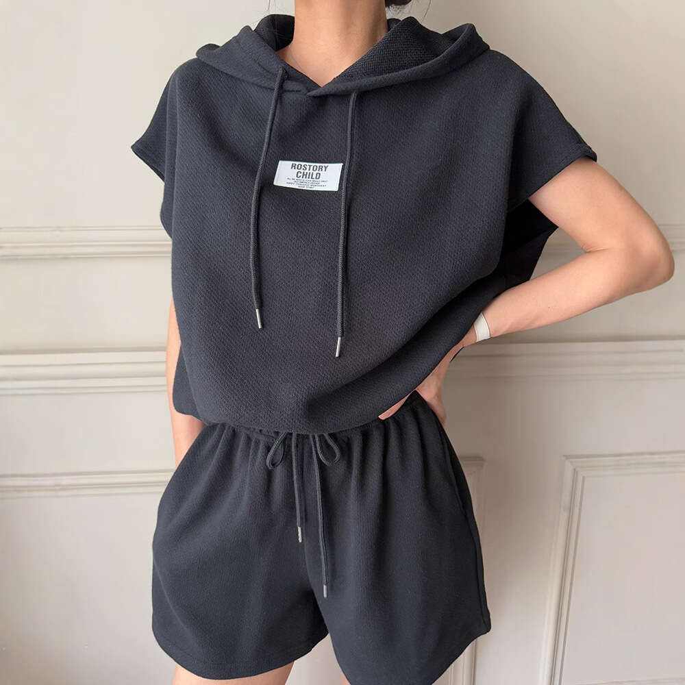 Light Gray Drawstring Hooded Sweatshirt Women Summer Loose High Waist Casual Shorts Set B5