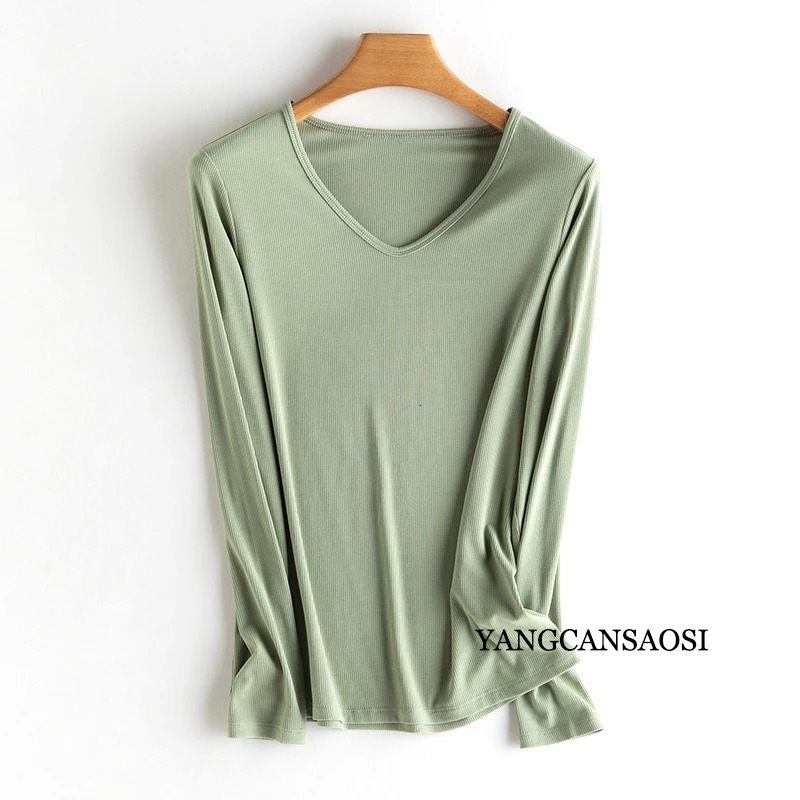 Silkworm Rib Long Sleeve T-Shirt Womens Loose Slim Solid Backing Shirt Round Neck Simple Versatile Thin Top Autumn Winter 250703